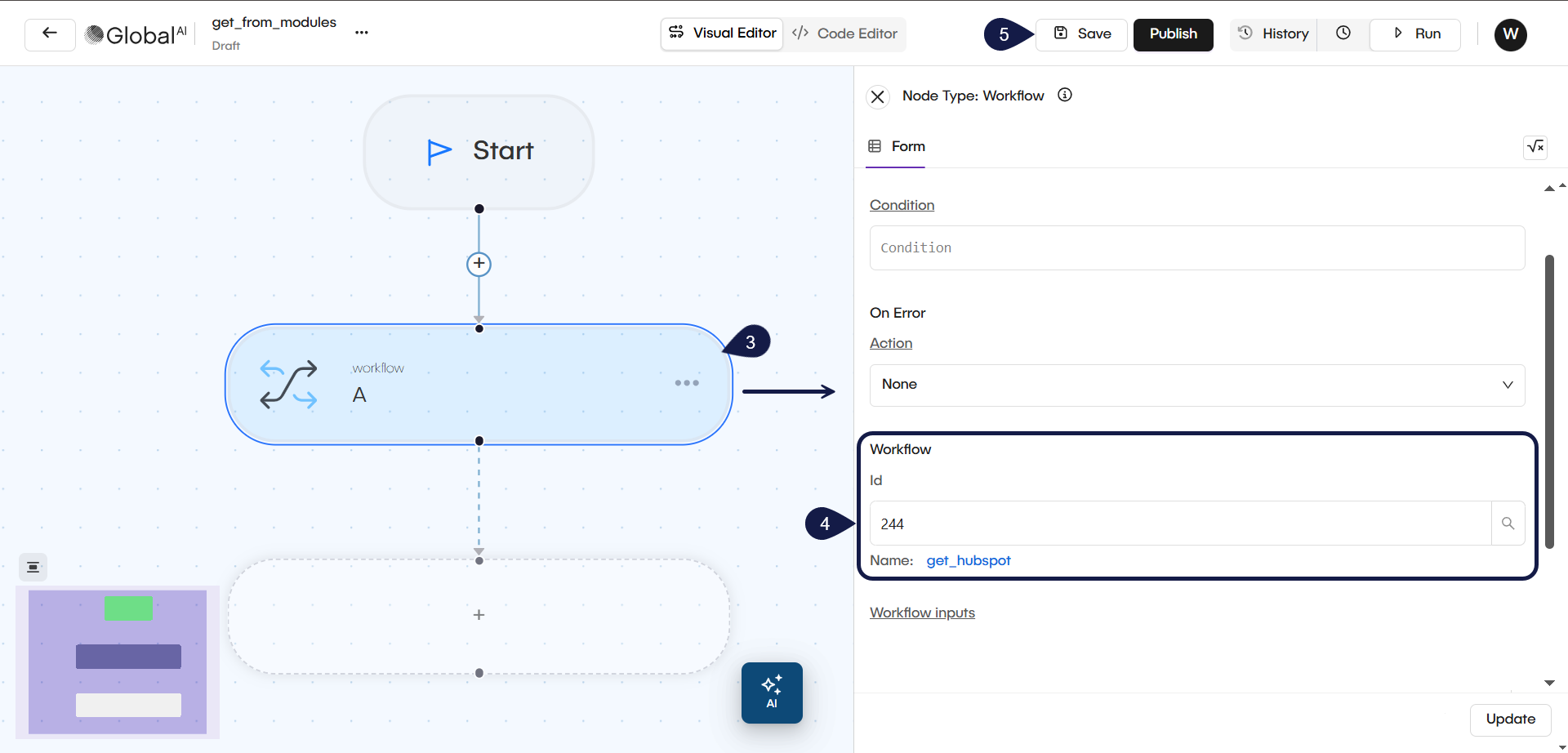 The workflow node configuration panel showing the Workflow Id in place and its name.