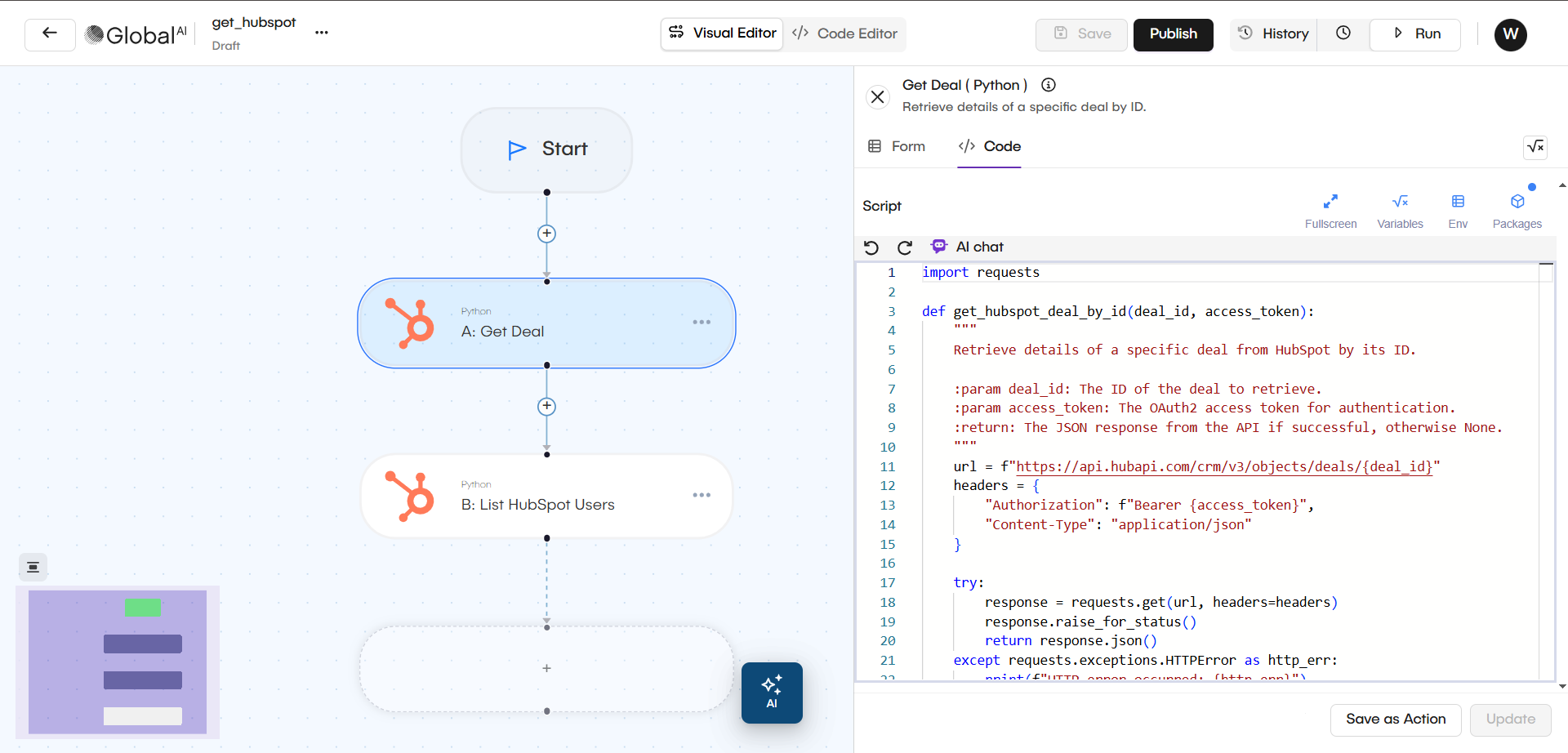 The workflow node configuration panel showing the inputs and outputs defined for the module.