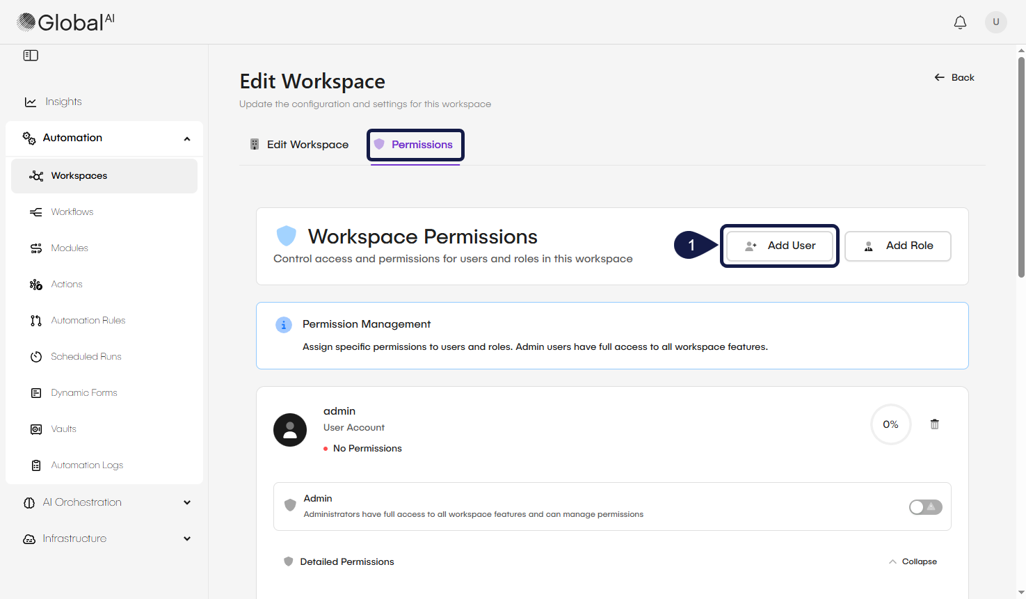 The Workspace Permissions tab highlighting the Add User button as an example.