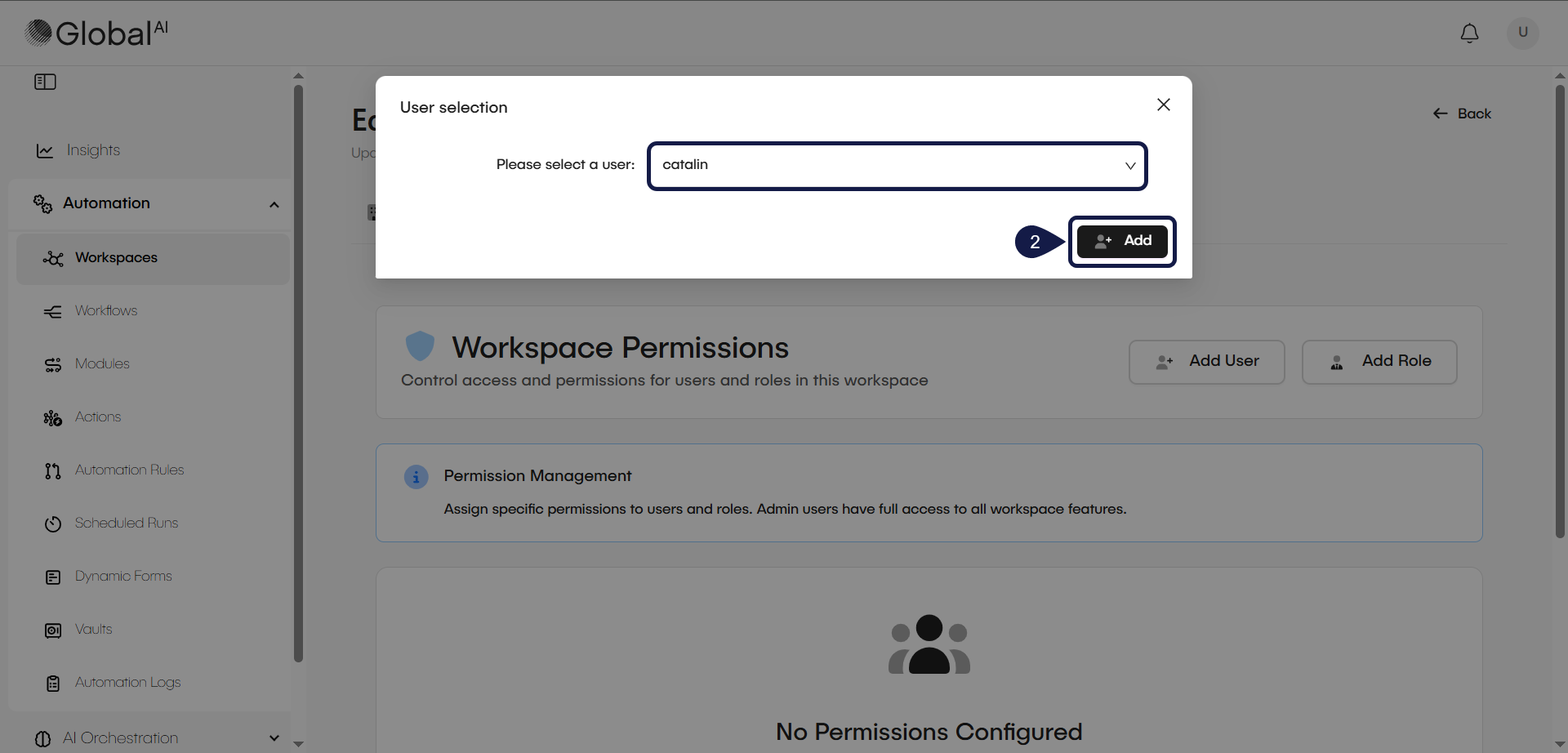 The dropdown menu for selecting a user or role to add to the Workspace.